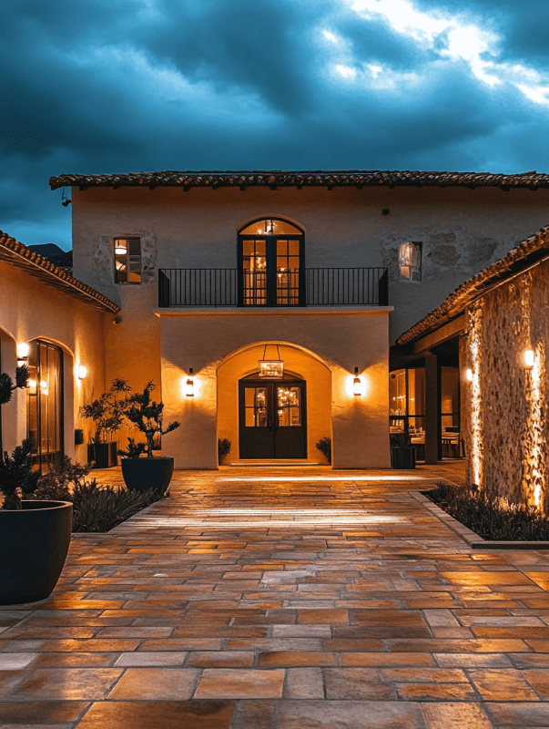 Illuminated modern home exterior under moody evening sky showcasing lighting.