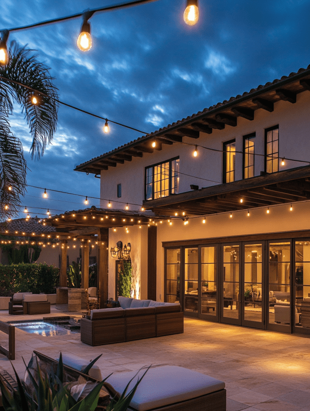 Outdoor patio with professional string lighting installation at dusk.